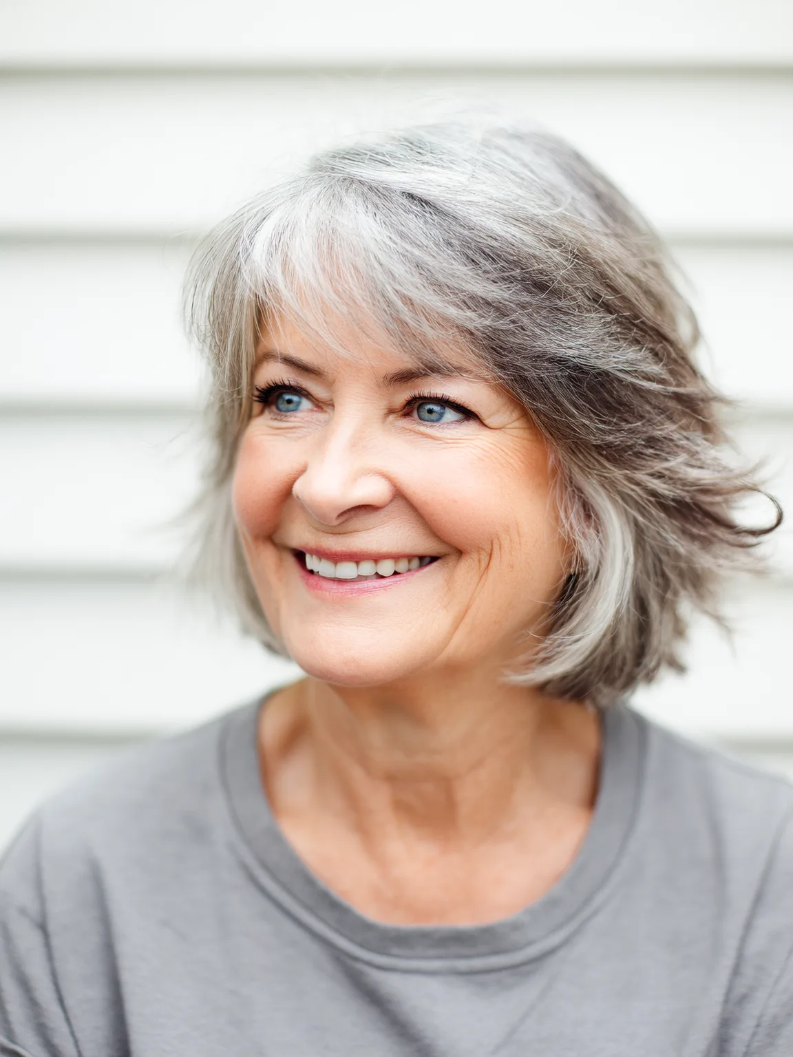 Choppy Wavy Silver Frost Layers with Side Bangs